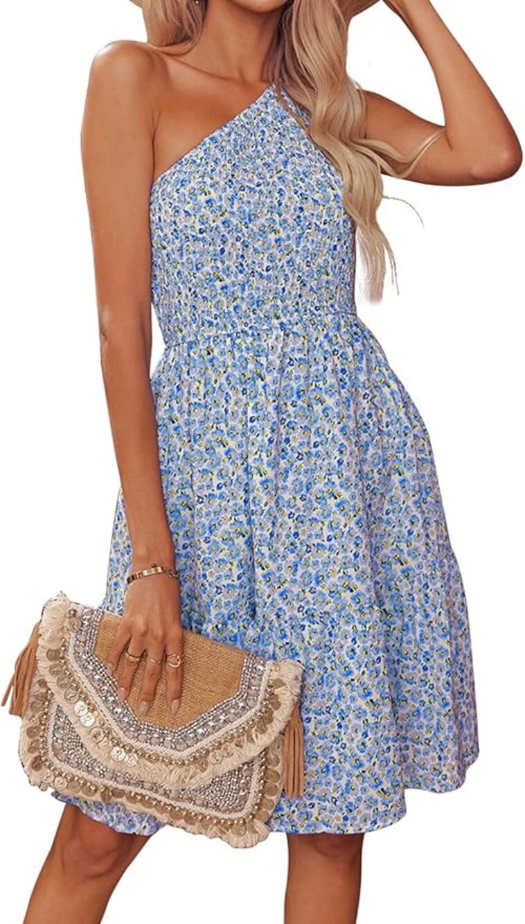 NWT Naggoo Floral Summer Dress Sleeveless One Shoulder Smocked Blue Women Size M